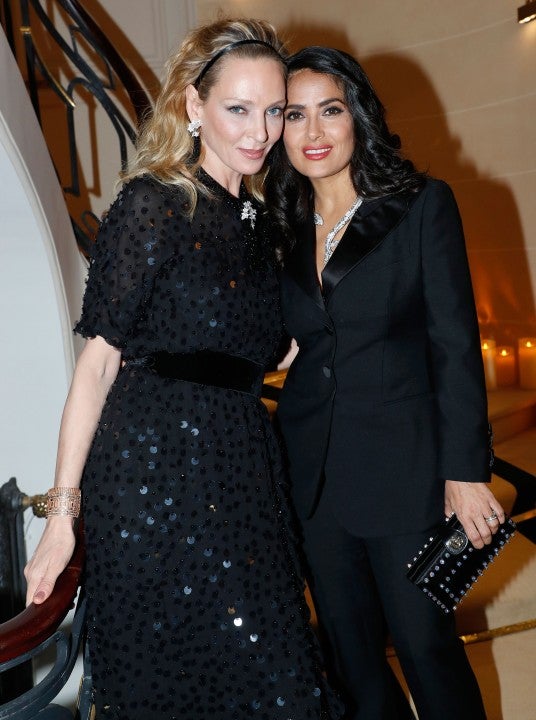 Uma Thurman and Salma Hayek at Paris Fashion Week