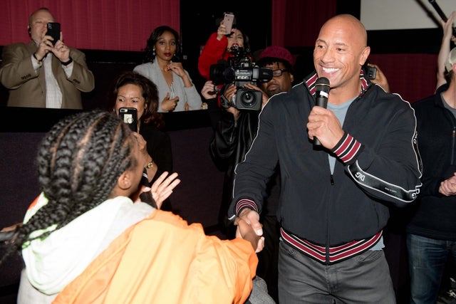 Dwayne Johnson makes a special appearance at a screening of 'Fighting With My Family' in Atlanta