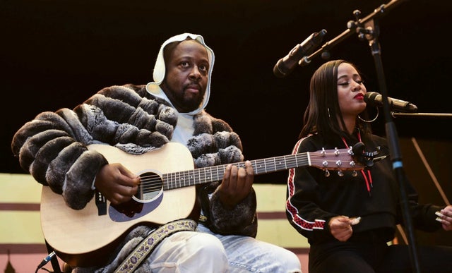 Wyclef Jean and Jazzy Amra performing at a charity assembly at Philadelphia High School on Feb. 13.