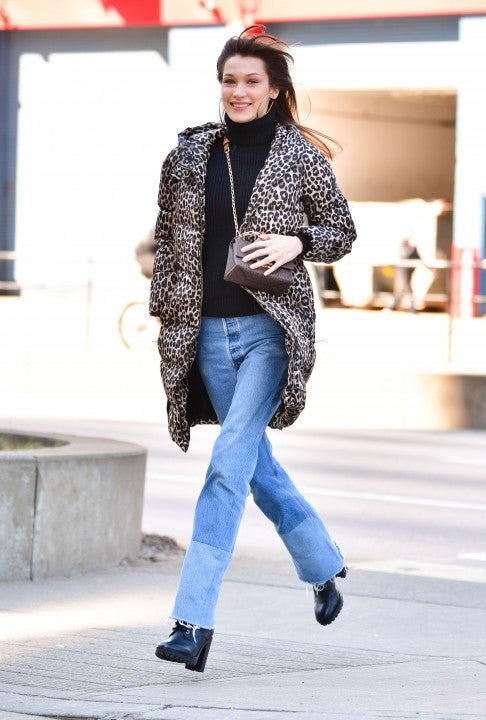Bella Hadid in leopard print coat in nyc
