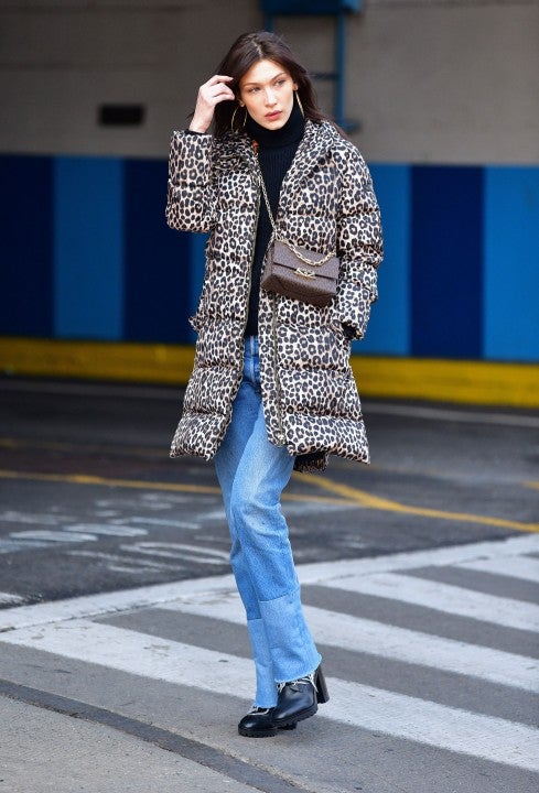 Bella Hadid in Manhattan in leopard print coat