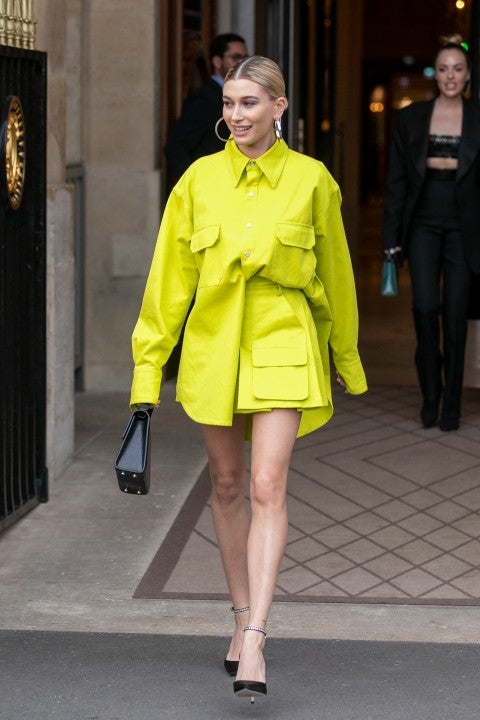 Hailey Bieber in paris in yellow jacket