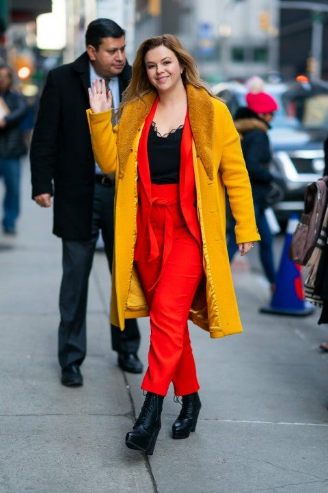Amber Tamblyn in red suit in nyc