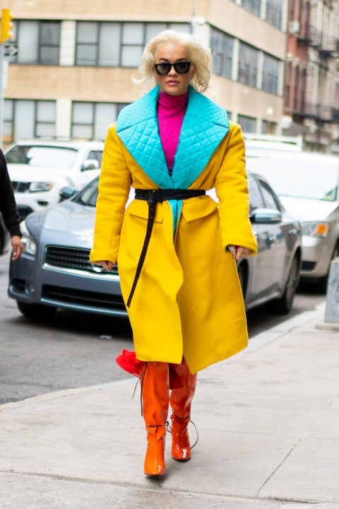 Rita Ora in bright jacket in tribeca