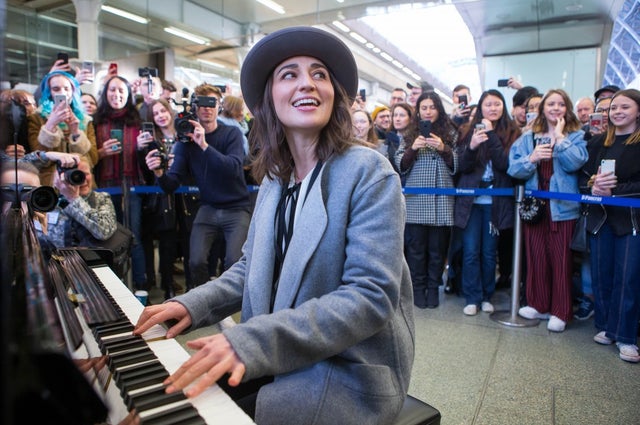 Sara Bareilles performs at St Pancras train station in London