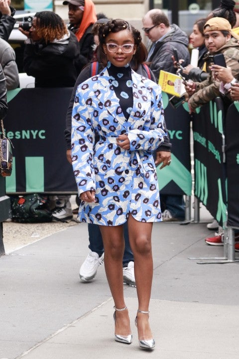 Marsai Martin in printed jacket in NYC