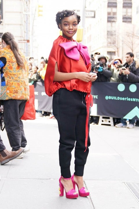 Marsai Martin in bow shirt in NYC