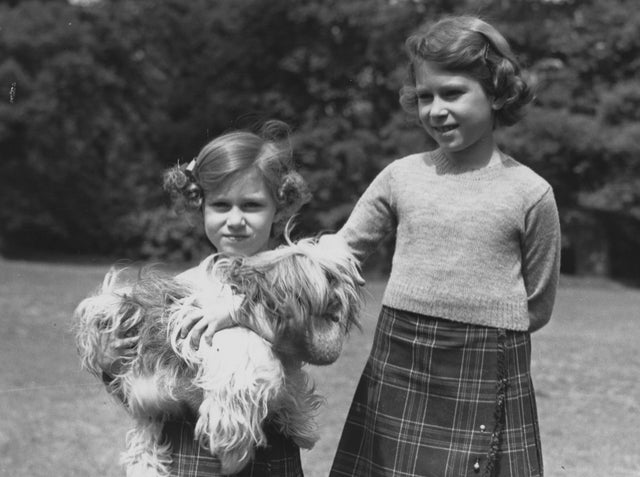 Princess Margaret and Queen Elizabeth with a terrier