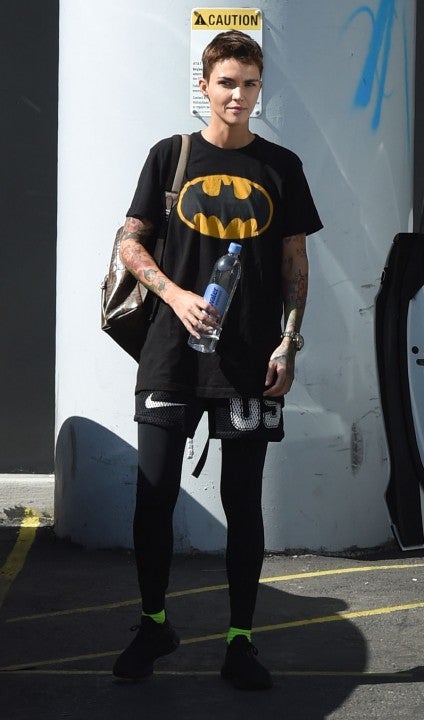 Ruby Rose in batman shirt after workout