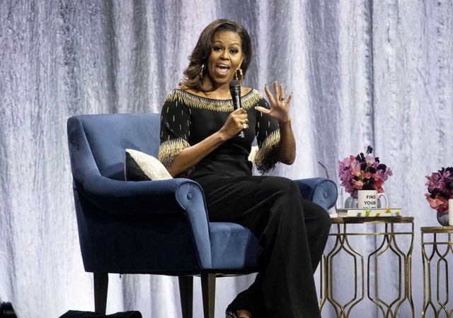 Michelle Obama speaks as part of her book tour at the O2 Arena in London on April 14.