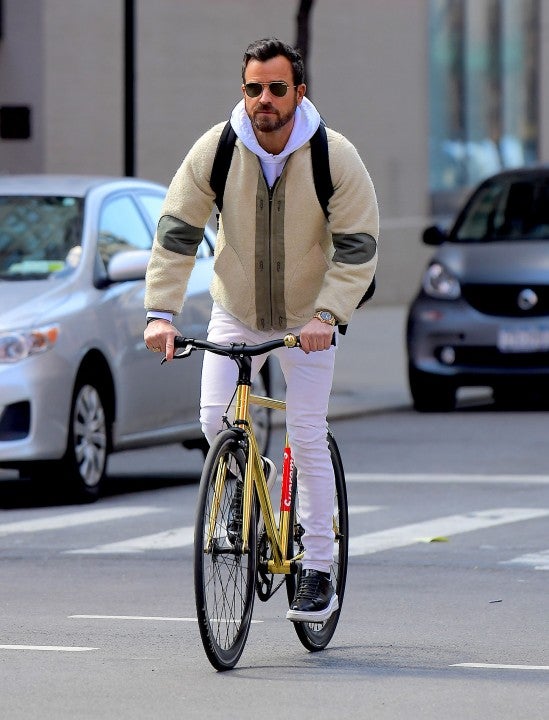 Justin Theroux on his bike on April 1