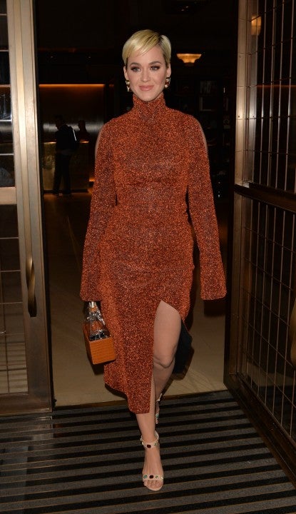 Katy Perry in rust dress in london