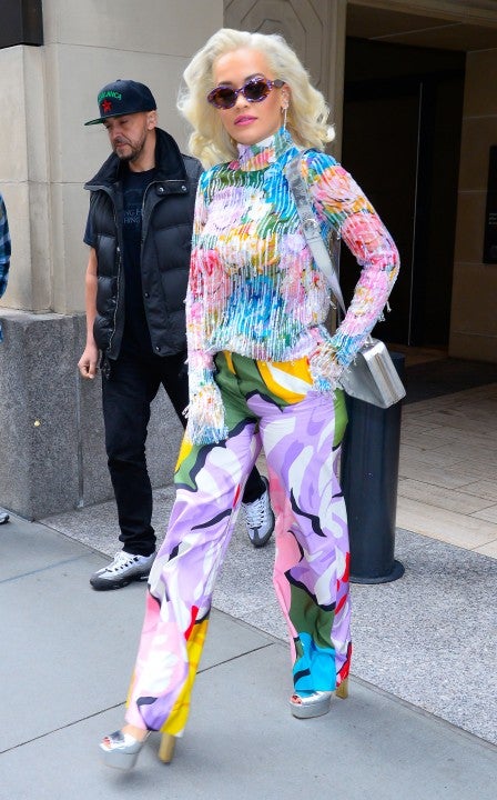Rita Ora in bright outfit in nyc on may 9