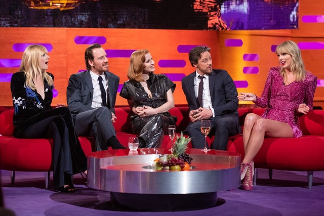 Sophie Turner, Michael Fassbender, Jessica Chastain, James McAvoy and Taylor Swift during the filming of the Graham Norton Show
