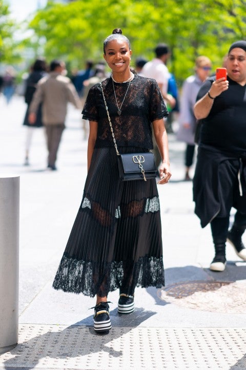Gabrielle Union in black lace in NYC on May 15
