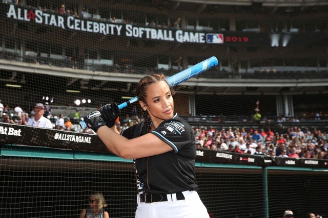 Dascha Polanco stands on deck during the Legends & Celebrity Softball Game