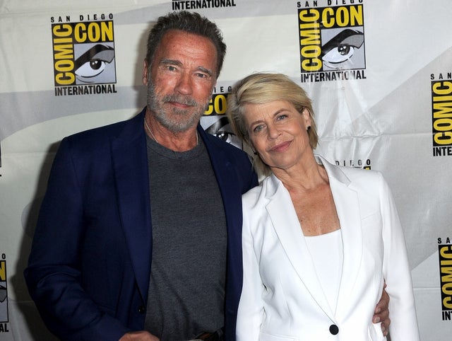Arnold Schwarzenegger and Linda Hamilton at the "Terminator: Dark Fate" panel during 2019 Comic-Con International 