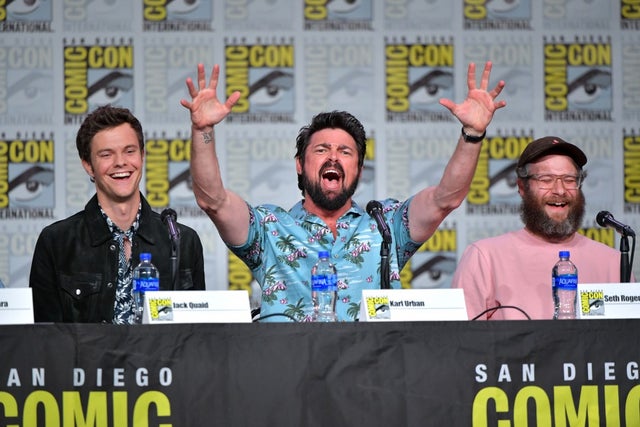 Jack Quaid, Karl Urban, and Seth Rogen at "The Boys" Panel during comic-con