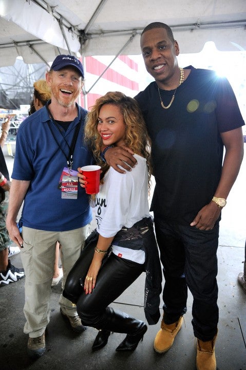 Ron Howard poses with Beyonce Knowles-Carter and Jay-Z backstage during Budweiser Made In America Festival in 2012