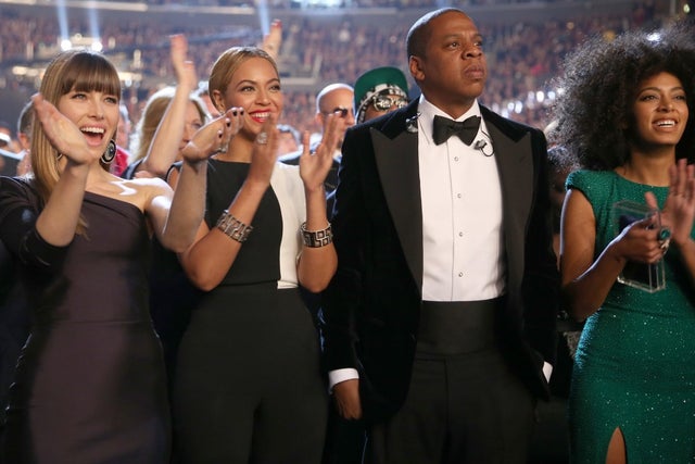 Jessica Biel, Beyonce, Jay-Z and Solange Knowles at the 55th Annual GRAMMY Awards