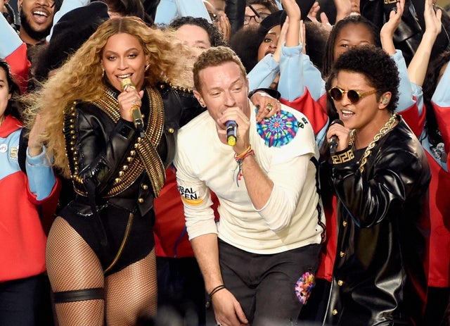 Beyonce, Chris Martin of Coldplay and Bruno Mars perform onstage during the Pepsi Super Bowl 50 Halftime Show