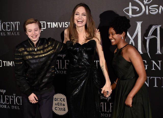 Angelina Jolie and her children Shiloh Nouvel Jolie-Pitt and Zahara Marley Jolie-Pitt at the European premiere of Maleficent Lady of Evil