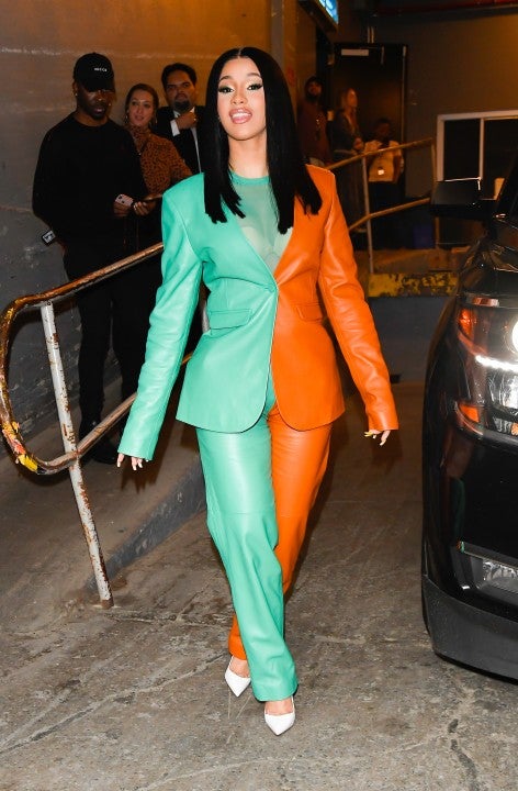 cardi b in two-colored suit