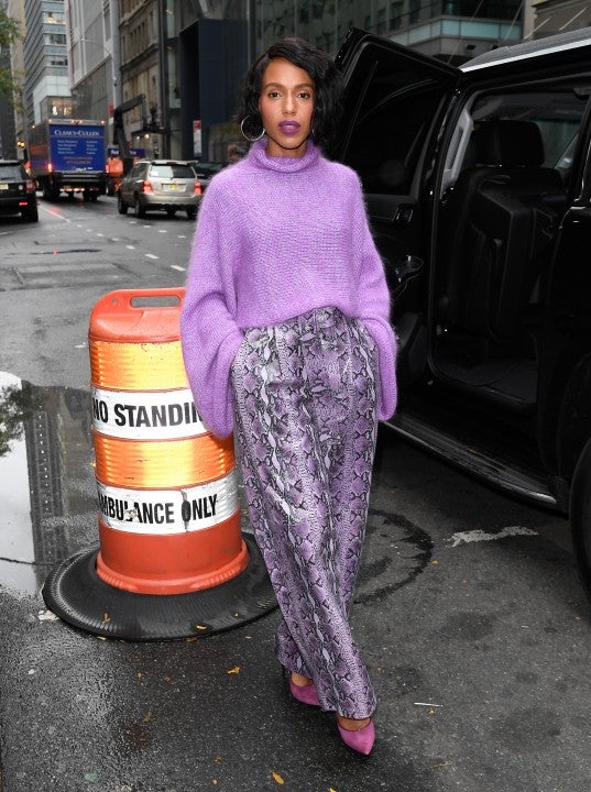 kerry washington in purple outfit in nyc