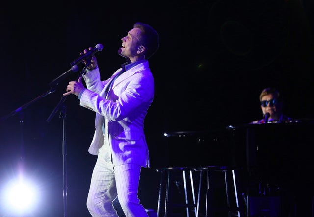 Taron Egerton and Sir Elton John perform at Paramount Pictures’ Rocketman: Live in Concert at the Greek Theater in LA