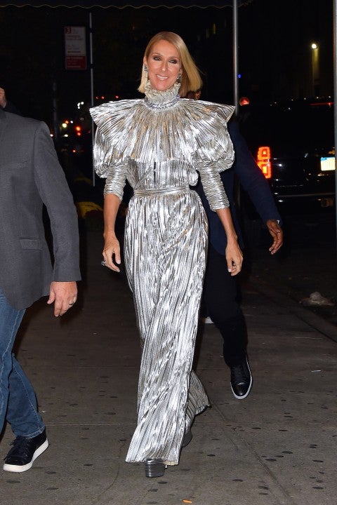 Celine Dion in metallic silver jumpsuit in NYC
