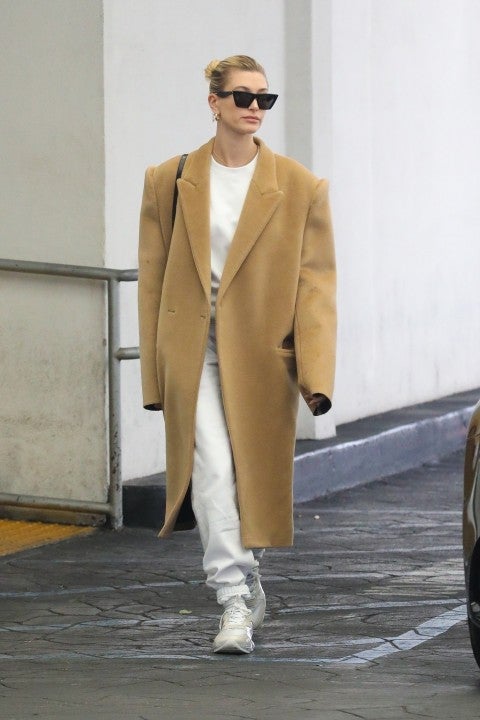 Hailey Bieber in camel coat