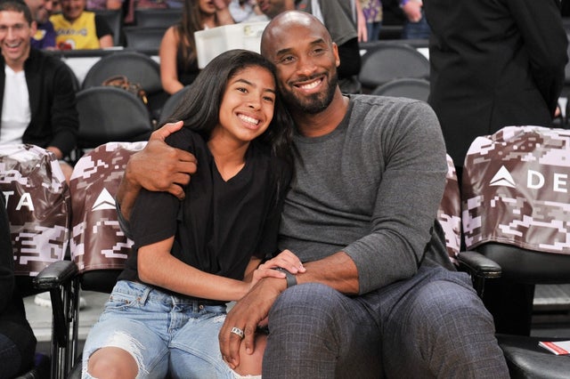 Kobe Bryant and his daughter Gianna Bryant at a basketball game between the Los Angeles Lakers and the Atlanta Hawks