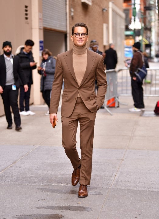 matt bomer leaves live with kelly and ryan in tan suit