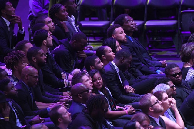 Kyrie Irving, Draymond Green, Steph Curry and AC Green at The Celebration of Life for Kobe & Gianna Bryant 