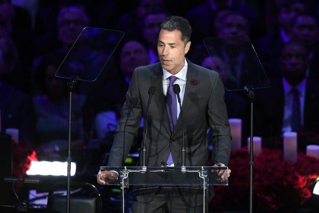Los Angeles Lakers General Manager Rob Pelinka speaks during The Celebration of Life for Kobe & Gianna Bryant