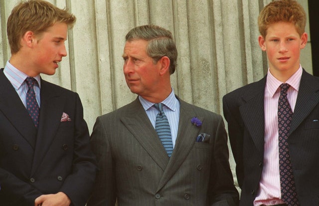 Prince William, Prince Charles, and Prince Harry celebrating the Queen Mother's 100th birthday at Buckingham Palace