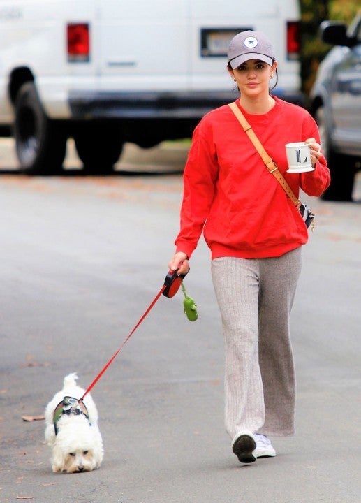 lucy hale walks elvis with coffee cup in hand