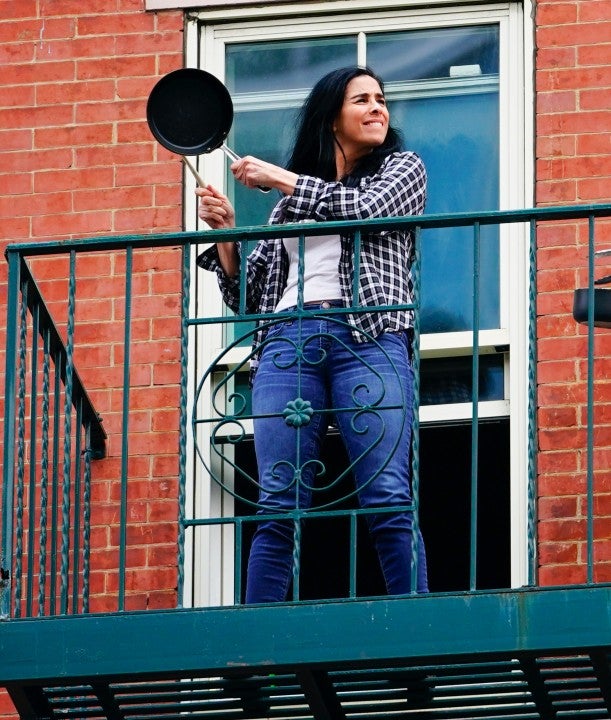 Sarah Silverman on her balcony