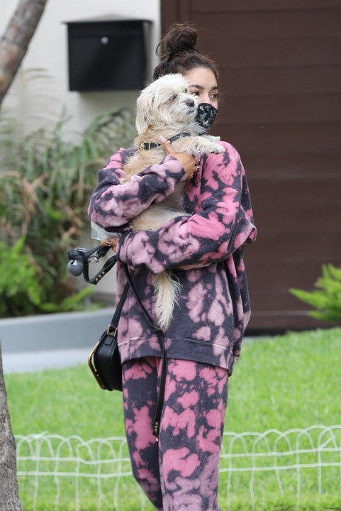 vanessa hudgens in tie-dye with her dog darla