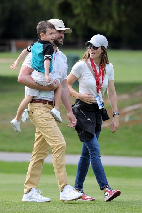 Justin Timberlake, Silas and Jessica Biel ahead of the Pro-Am prior to the start of the Omega European Masters at at Crans Montana Golf Club in Crans-Montana, Switzerland. 