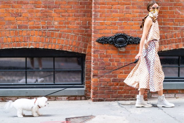 Olivia Palermo walks her dog in brooklyn