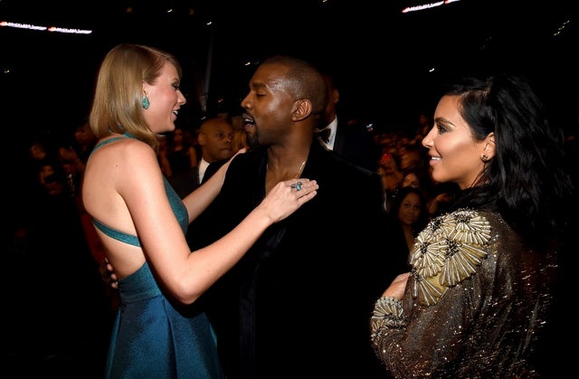 Taylor Swift, Kanye West and tv personality Kim Kardashian attend The 57th Annual GRAMMY Awards at the STAPLES Center on February 8, 2015 in Los Angeles, California.