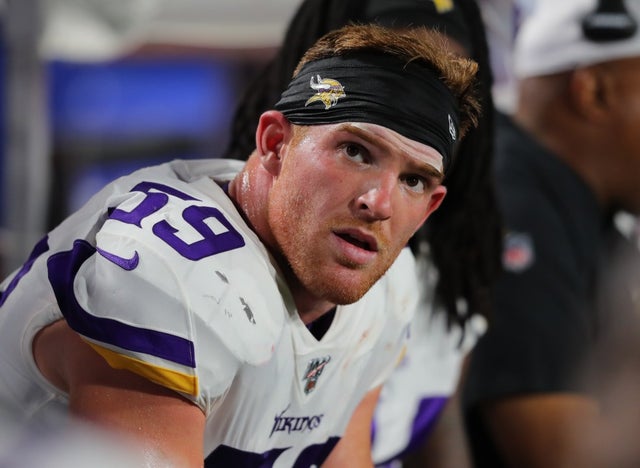 Cameron Smith #59 of the Minnesota Vikings watches from the bench during the second half of a preseason game against the Minnesota Vikings at New Era Field on August 29, 2019 in Orchard Park, New York. Buffalo beats Minnesota 27 to 23. 