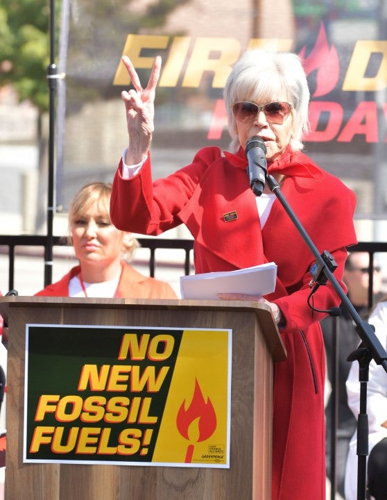 Jane Fonda speaks onstage at Greenpeace USA Brings Fire Drill Fridays To California 