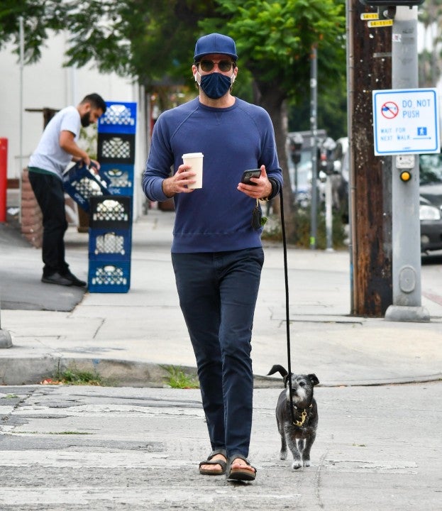 Zachary Quinto walks his dog in la