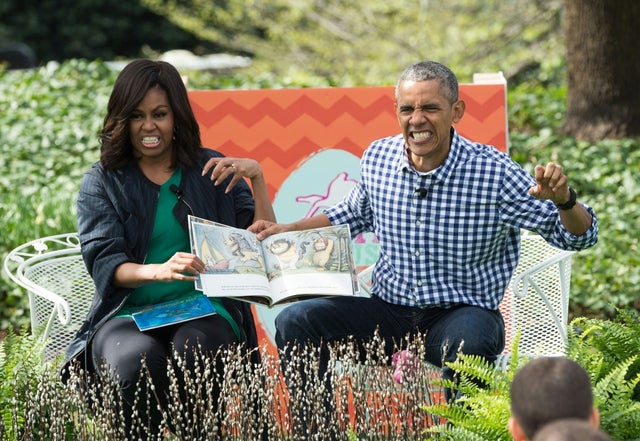 Michelle Obama and barack obama read Maurice Sendak's "Where the Wild Things Are" during easter egg roll