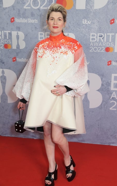 Jodie Whittaker arrives at The BRIT Awards 2022 at The O2 Arena on February 8, 2022 in London, England