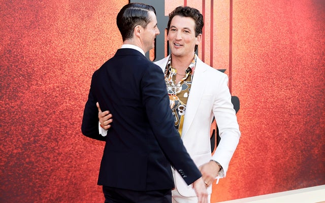 Matthew Goode and Miles Teller attend the premiere for the Paramount+ new series "The Offer" at Paramount Studios on April 20, 2022 in Los Angeles, California.