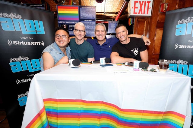 Bowen Yang, Anderson Cooper, Andy Cohen, and John Hill