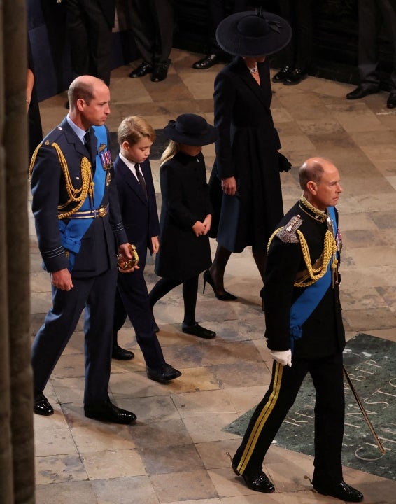 Britain's Prince William, Prince of Wales, Britain's Prince George of Wales, Britain's Princess Charlotte of Wales, Britain's Catherine, Princess of Wales and Britain's Prince Edward, Earl of Wessex arrive to attend the State Funeral Service for Britain's Queen Elizabeth II, at Westminster Abbey in London on September 19, 2022. 